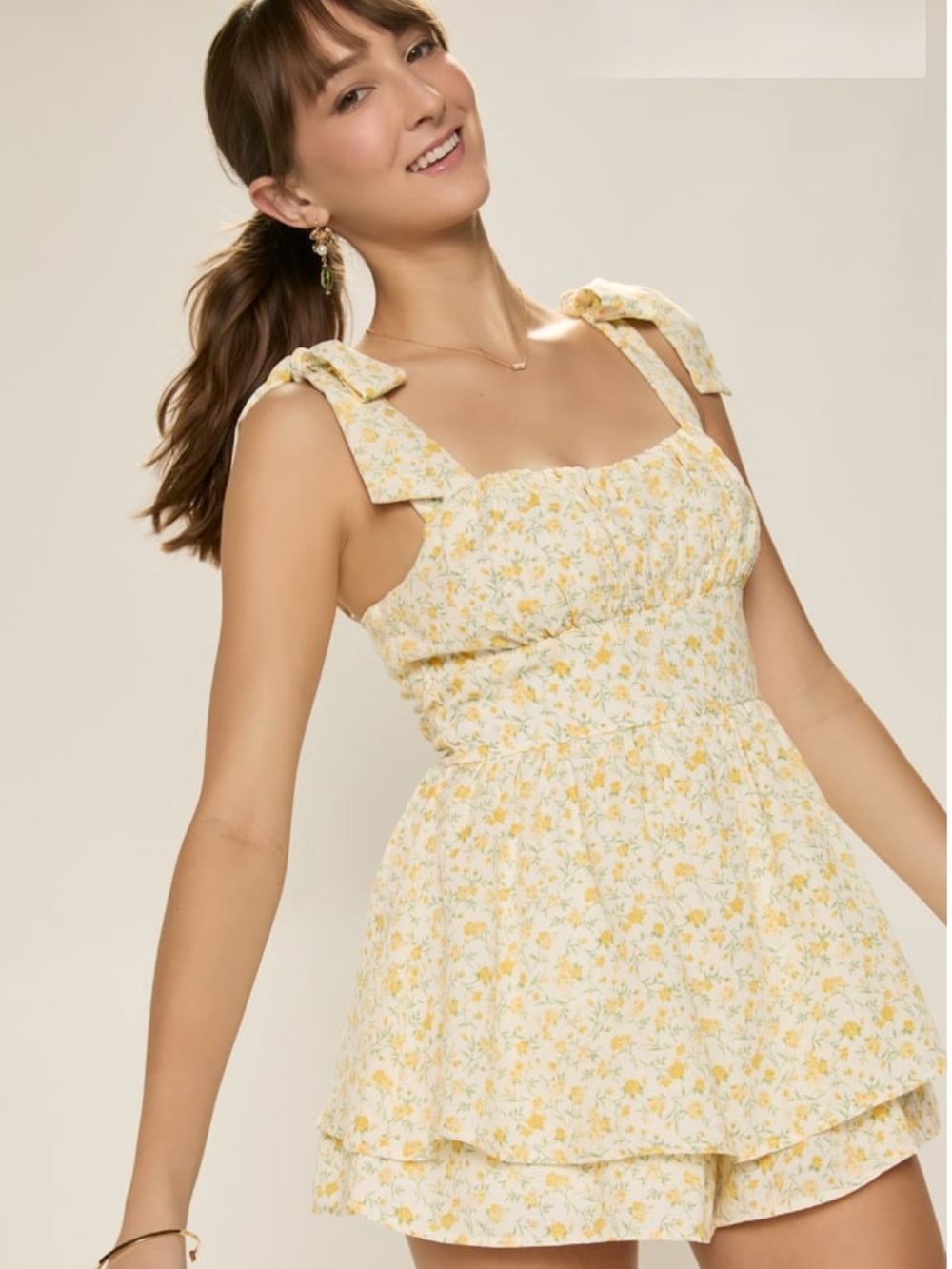 Francesca's Collections Yellow Floral Tie-Shoulder Romper